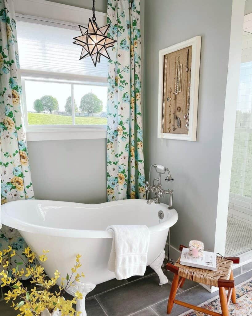 Floral Bathroom Window Curtains Beside Bathtub