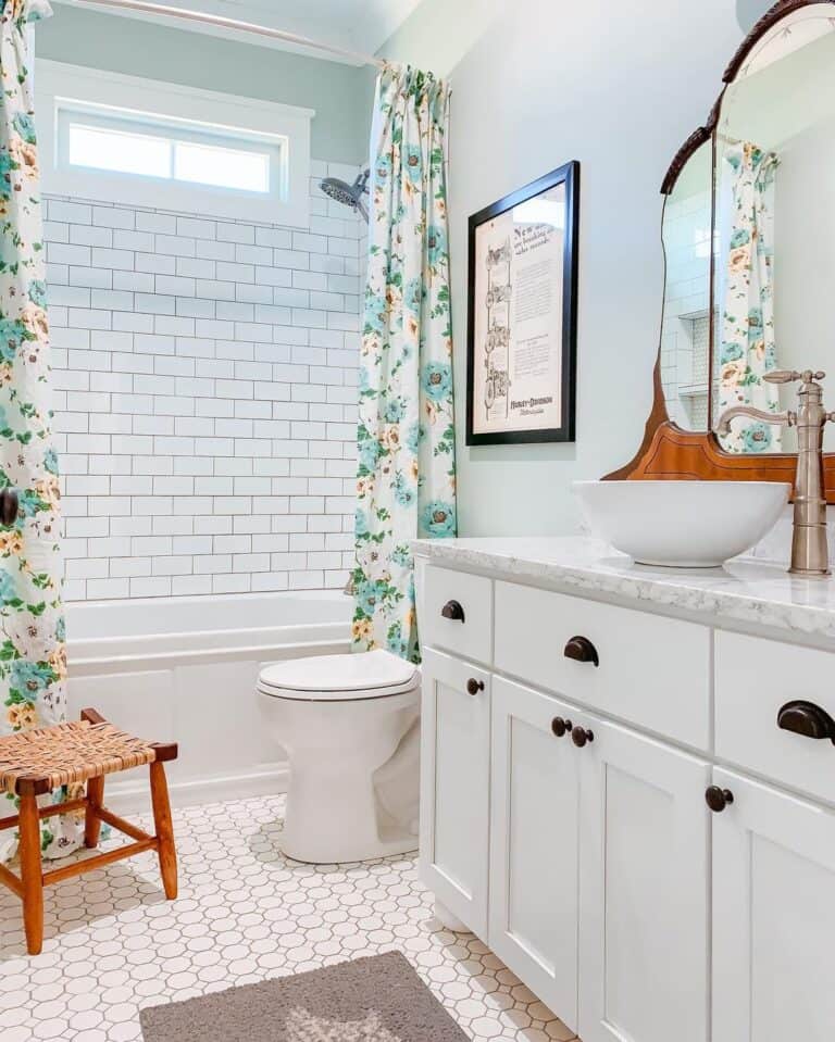 Floral Curtain Over Shower with High Window