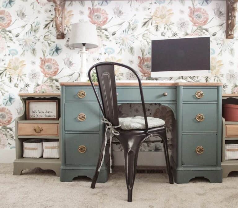 Floral Farmhouse Office with a Blue-Green Desk