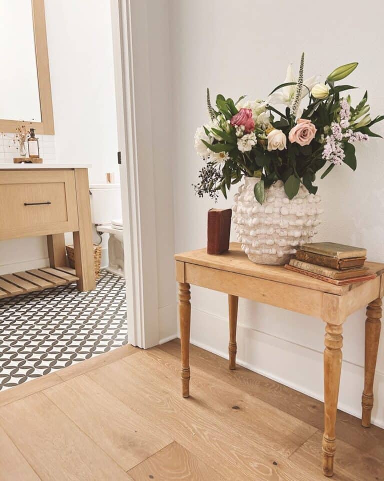 Flowers and Black and White Bathroom Floor Tiles