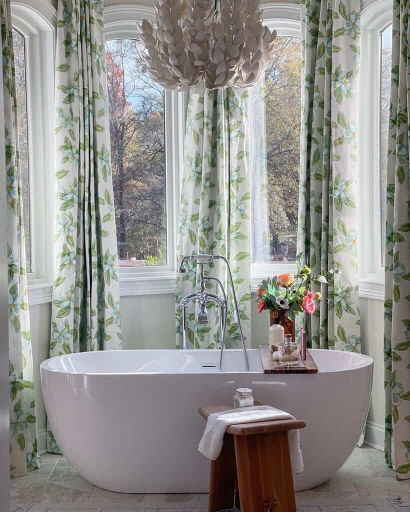 Flowers and Foliage on Bathroom Window Curtains