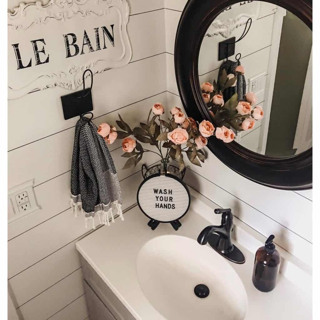 French Farmhouse Bathroom with Pink Flowers