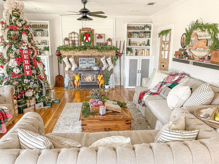 Garland-Decked Fireplace with Shiplap Wall
