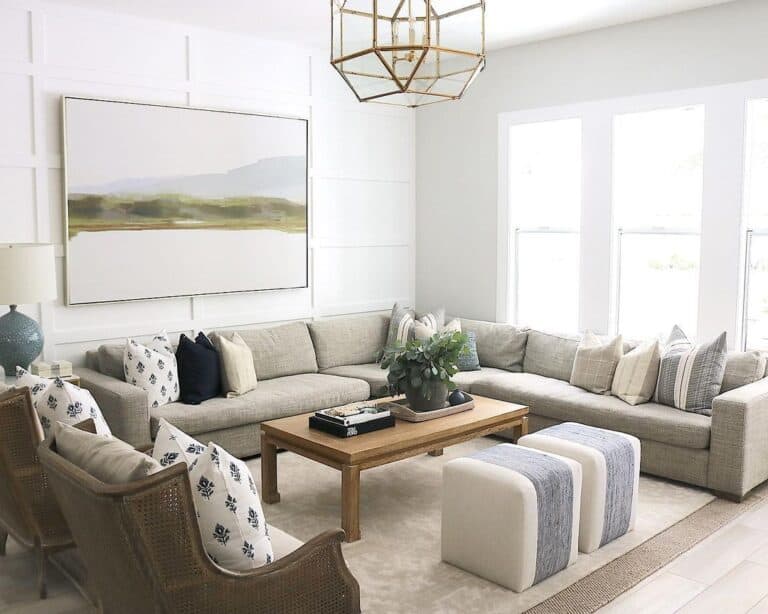 Geometric Chandelier Over Light Grey Sectional