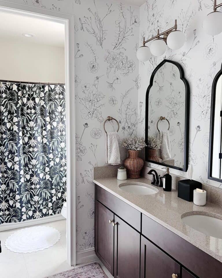 Globe Blub Bathroom Lighting and Floral Wallpaper