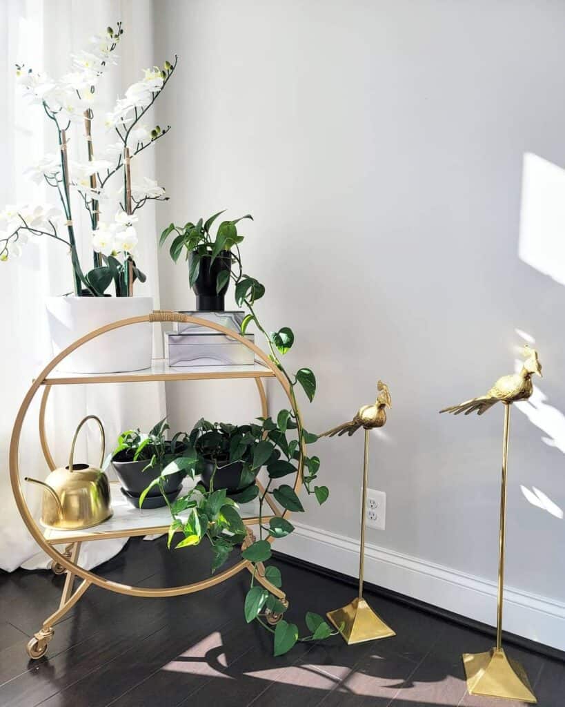Gold Bar Cart with Potted Plants