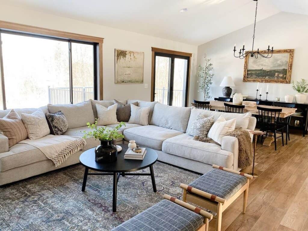 Gray Corner Sofa and Wooden Dining Table