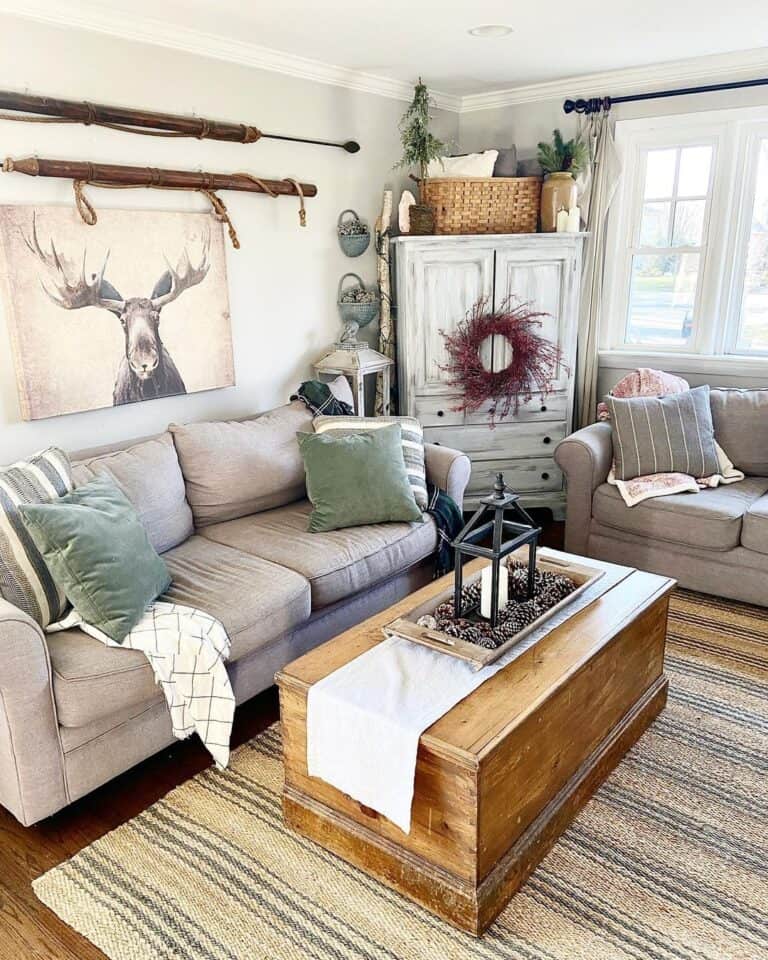 Gray Couch with Green Throw Pillows
