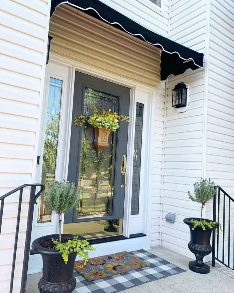 Gray Farmhouse Front Door with White Sidelights