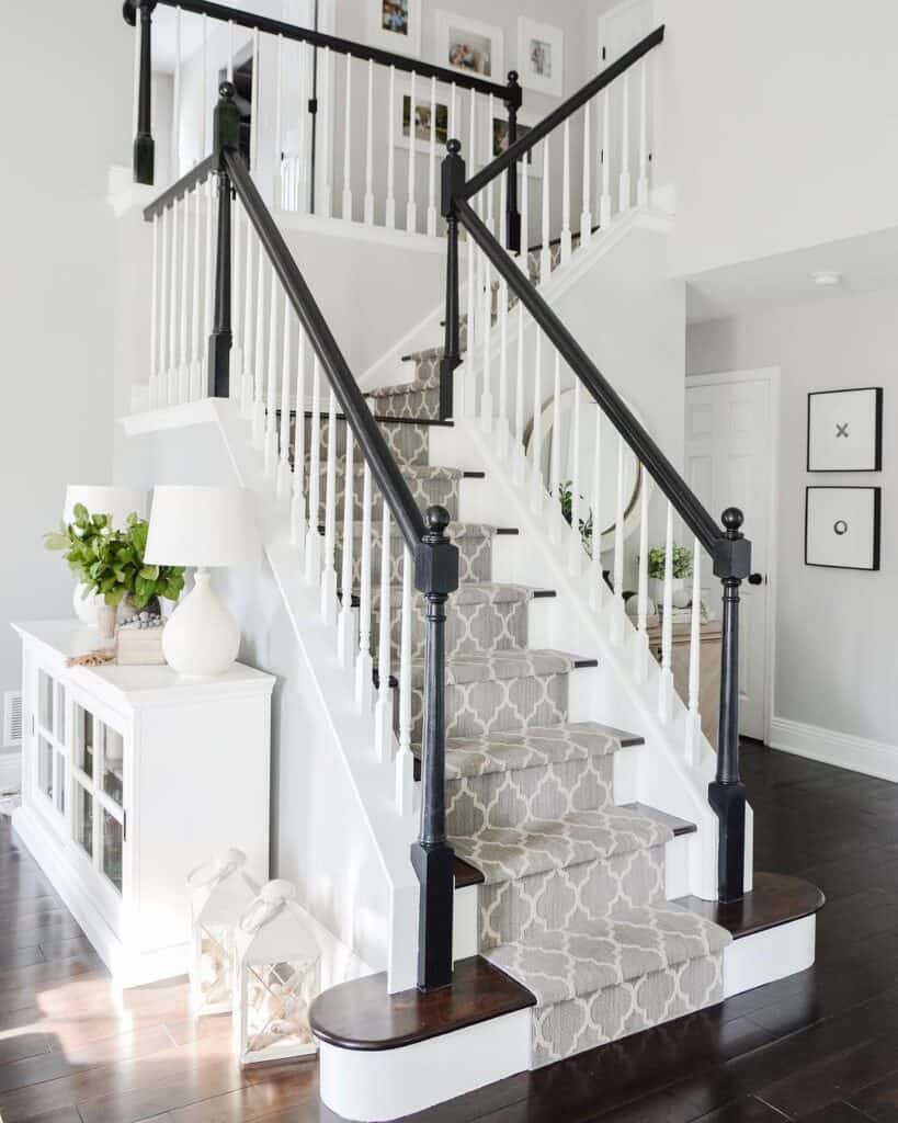 Gray Runner on White and Wood Stairs