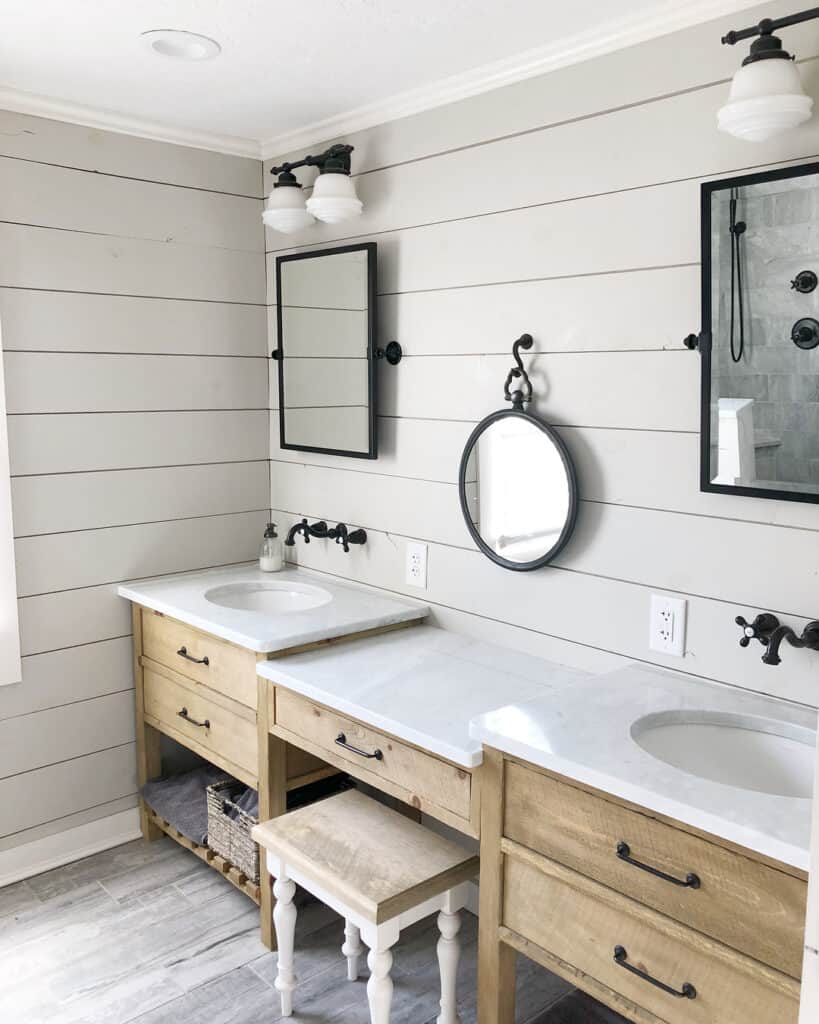 Gray Shiplap Bathroom with Rustic Wood Vanity