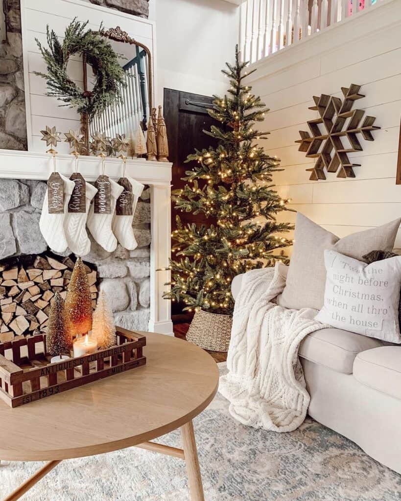 Gray Stone Fireplace and Christmas Décor