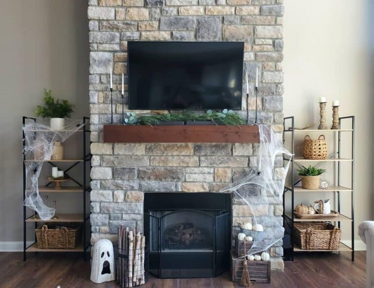Gray Stone Fireplace with TV and Fireplace Gate