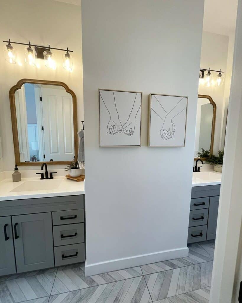 Gray Vanities Separated By White Wall