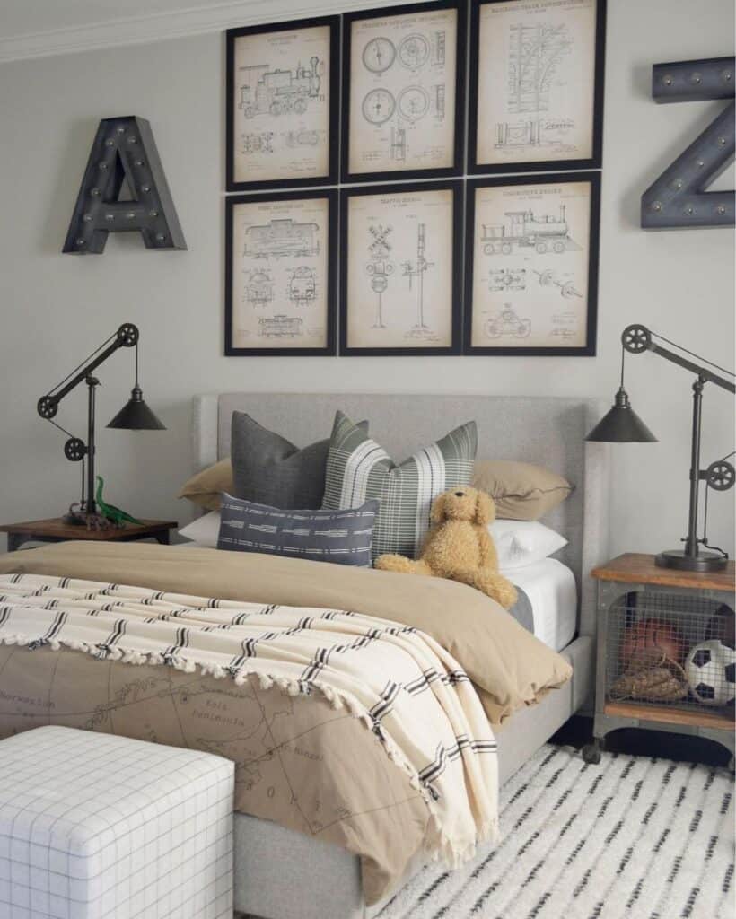 Gray and Green Throw Pillows in Child's Room