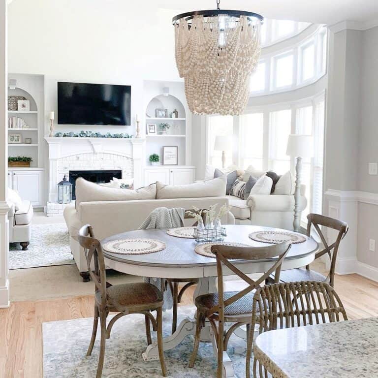 Gray and White Dining Room with Beaded Chandelier