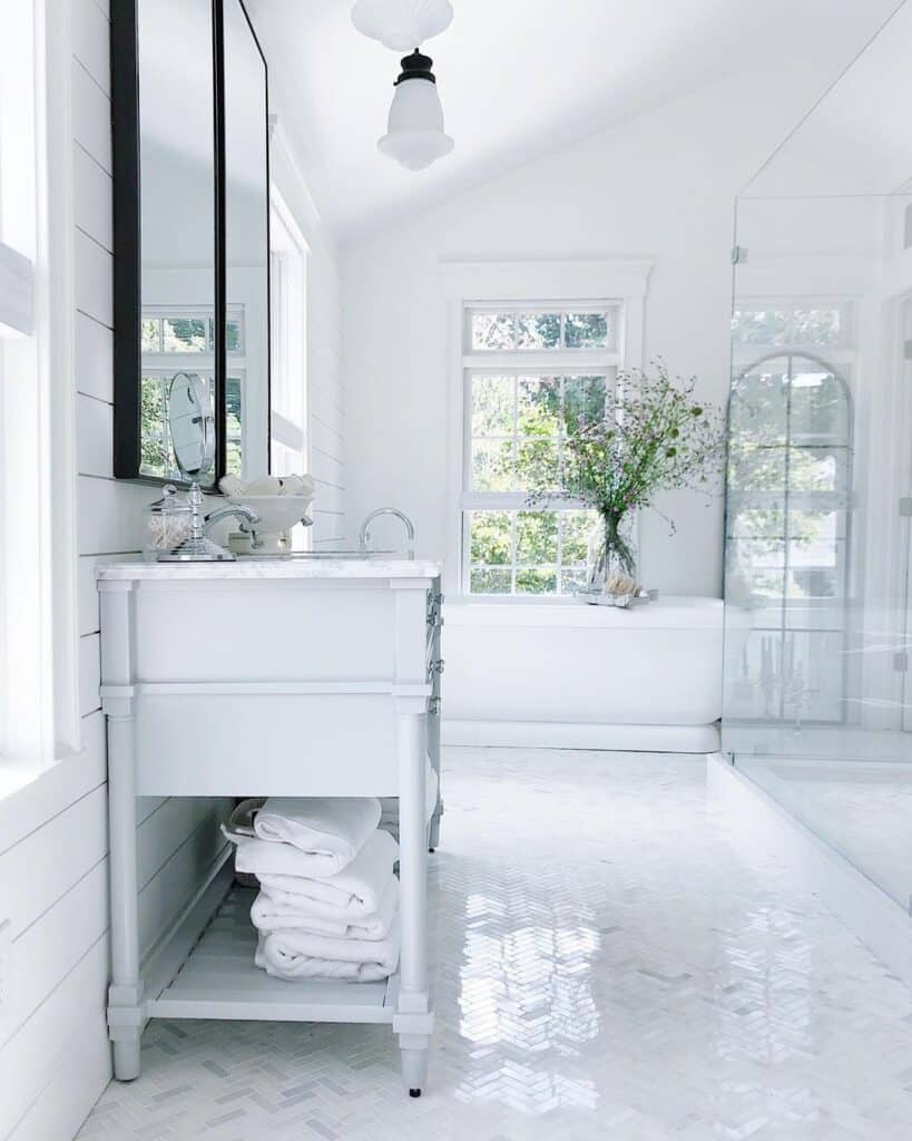 Gray and White Herringbone Bathroom Floor Tile