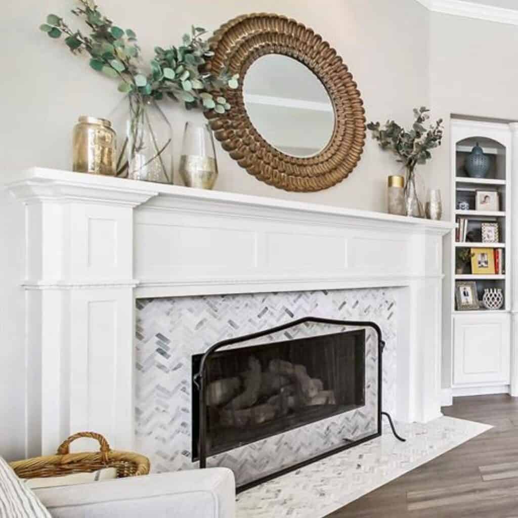 Gray and White Herringbone Fireplace Tile