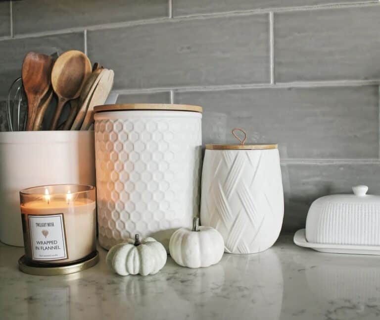 Gray and White Kitchen Corner with Miniature White Pumpkins