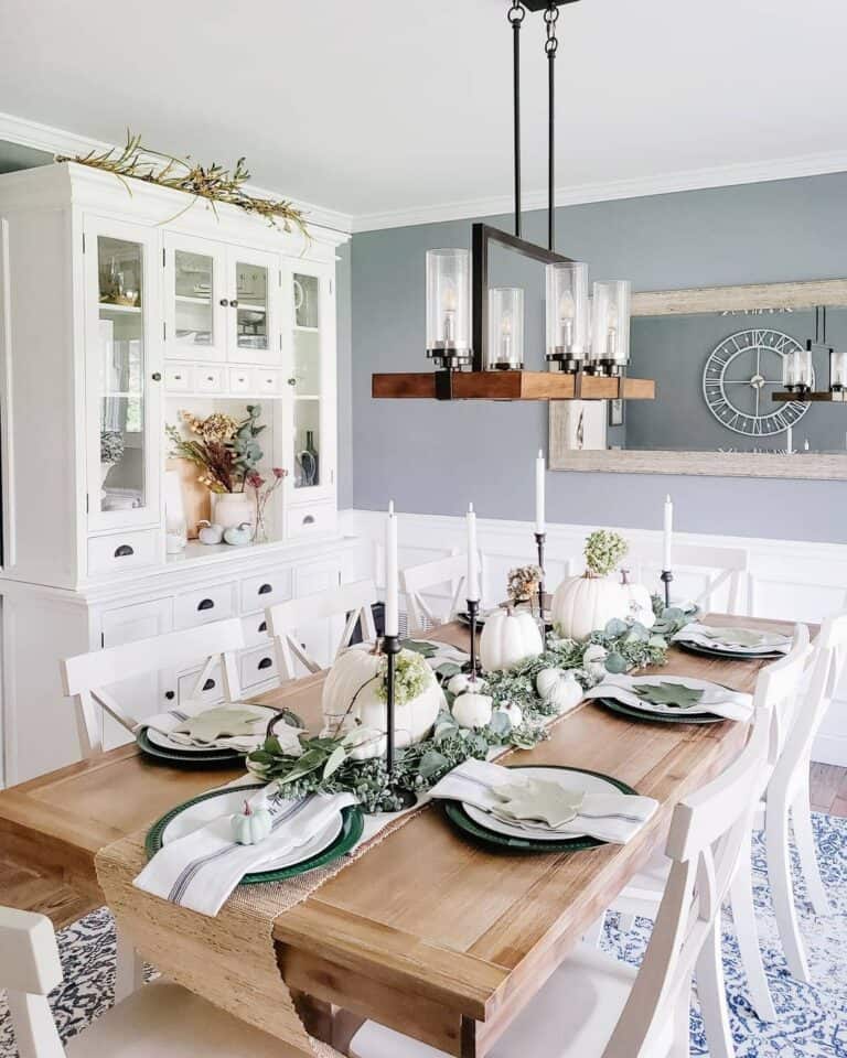 Gray and White Kitchen with Unique Lighting