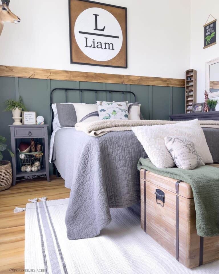 Green Bedroom Half Wall with Wood Accents