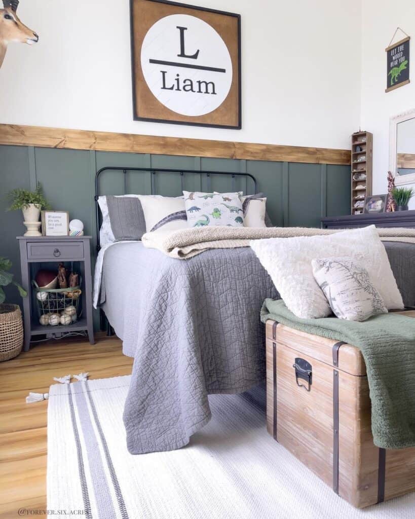 Green Bedroom Half Wall with Wood Accents