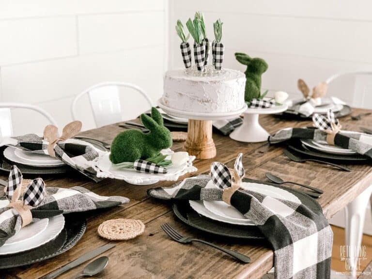 Green Rabbits and a Black and White Table setting