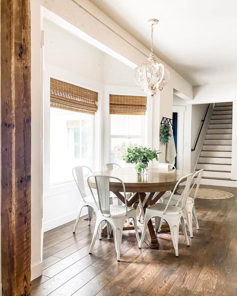 Greenery Centerpiece in Bay Window Dining Room