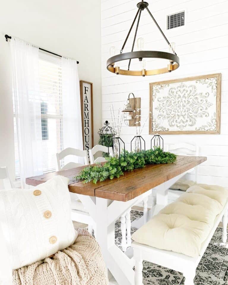 Greenery Centerpieces in Farmhouse Dining Room