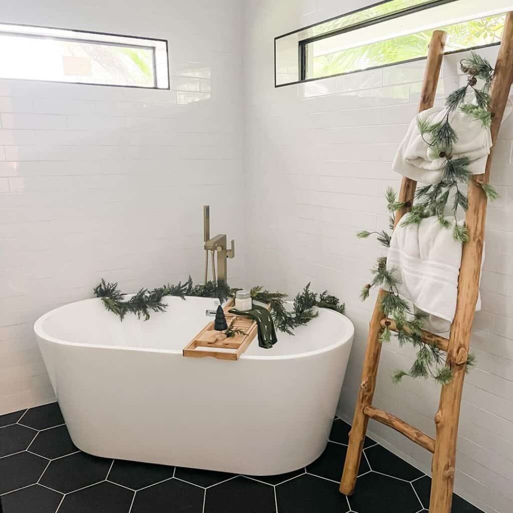 Greenery and a Black Hexagon Tile Floor