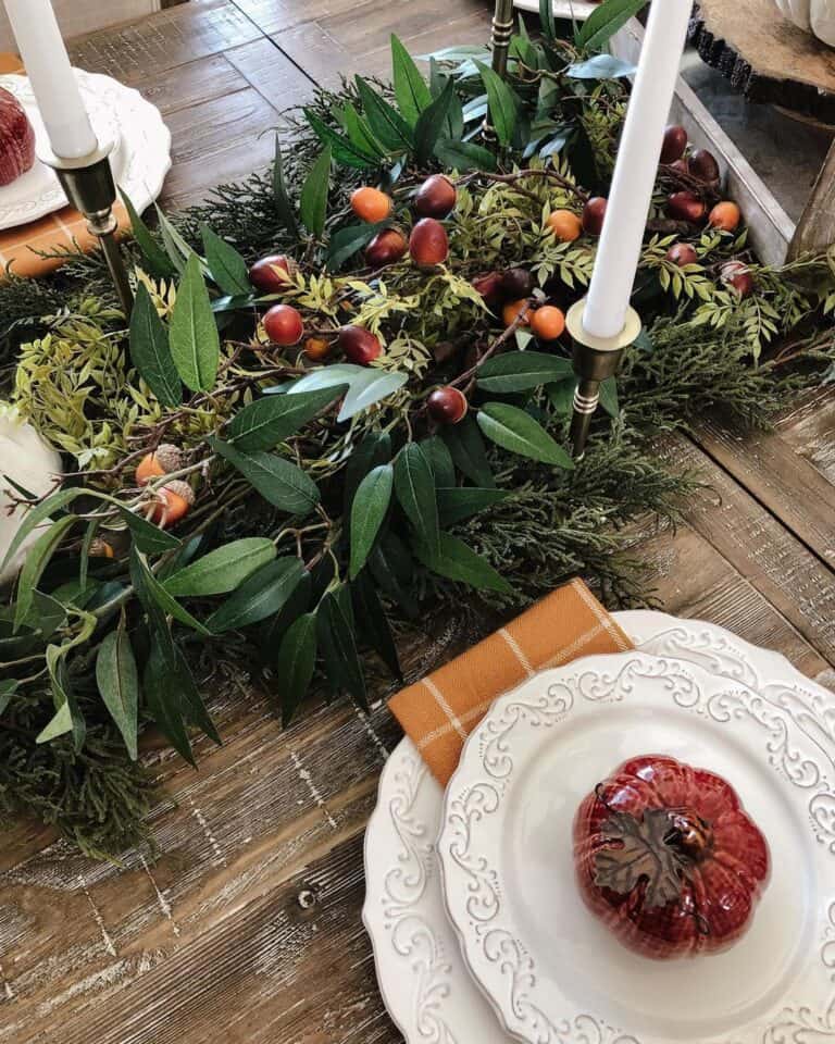 Greenery for Centerpieces with White Plates and Fall Decor