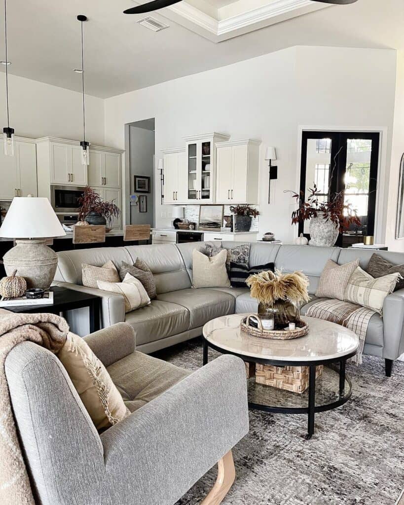 Grey Sectional Living Room and Open Kitchen