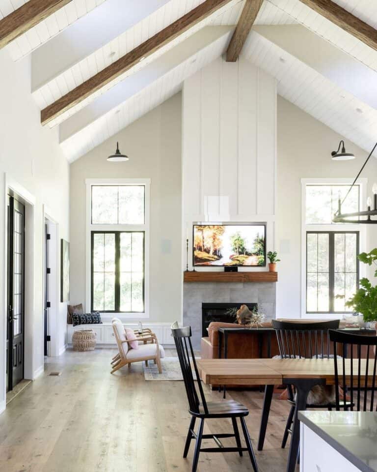 Grey Stone Fireplace and Tall White Walls