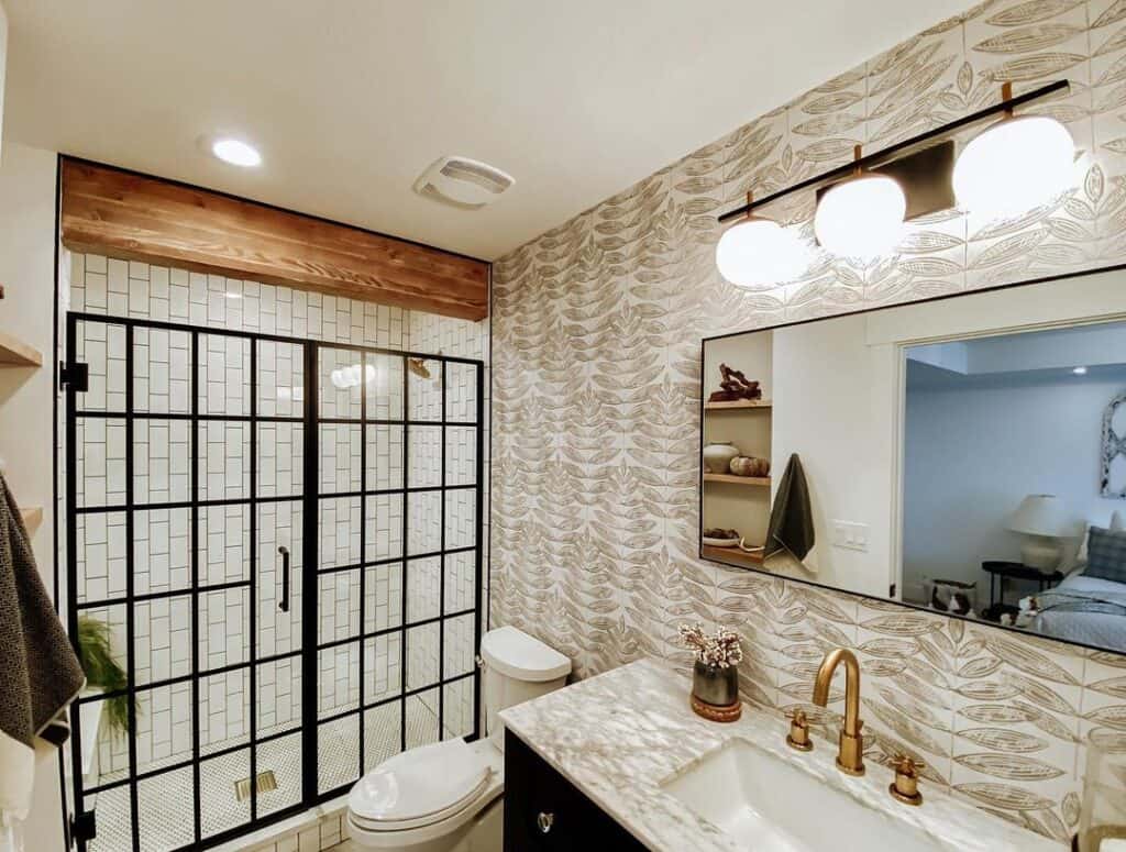 Grid Shower Door and Wood Ceiling Beam