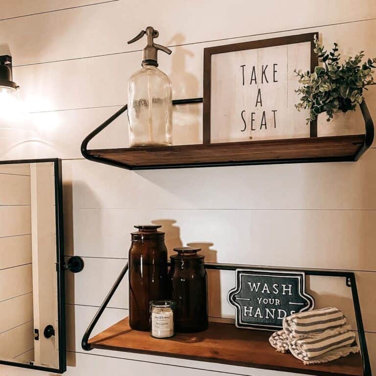 Guest Bathroom Signs on Rustic Wood Shelves