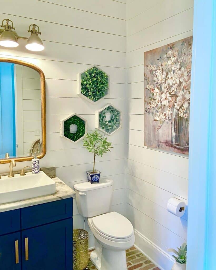 Hexagon Shelves in White Shiplap Bathroom