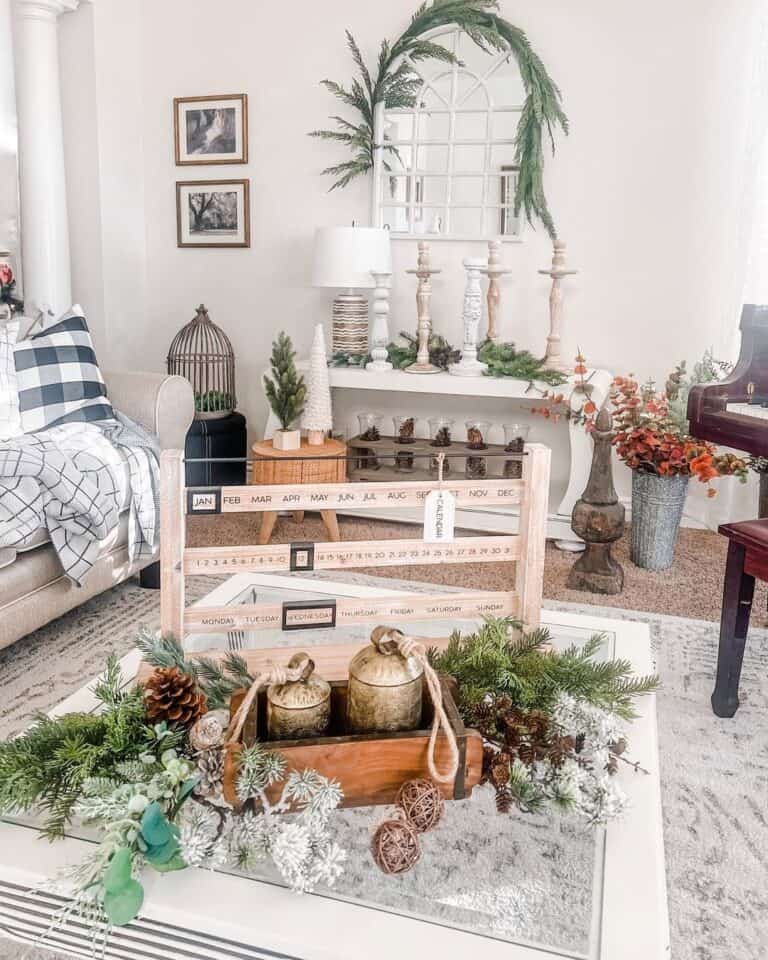 Holiday Decor on a Glass Coffee Table with a White Base