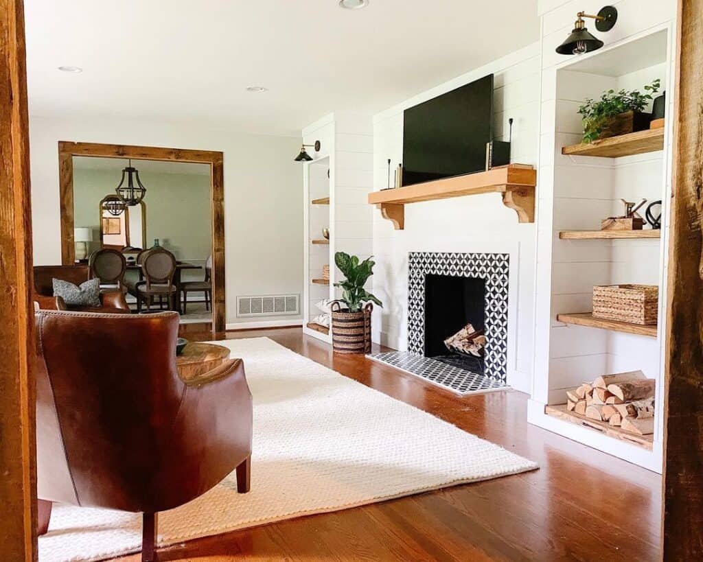 Inset Fireplace with Black and White Diamond Tile