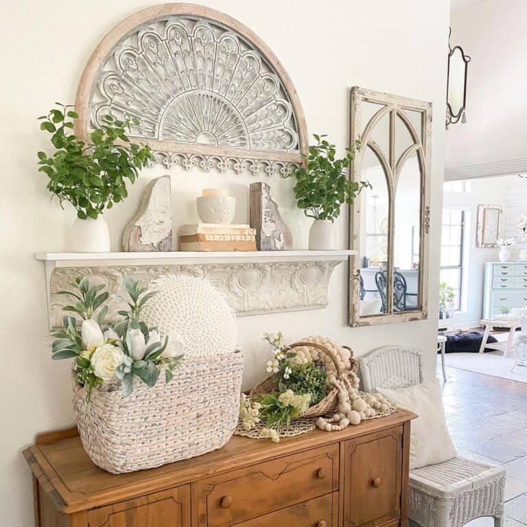 Intricate Window Pane Decor Over Wood Consul Table