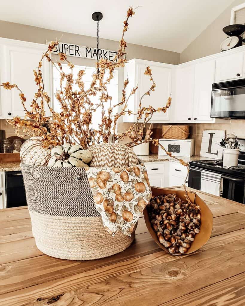 Kitchen Decor Cloth Basket Filled with Fabric Pumpkins