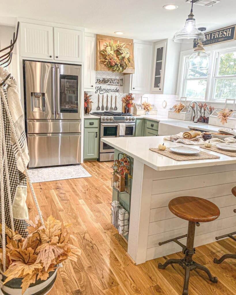 Kitchen Signs on a White Herringbone Backsplash