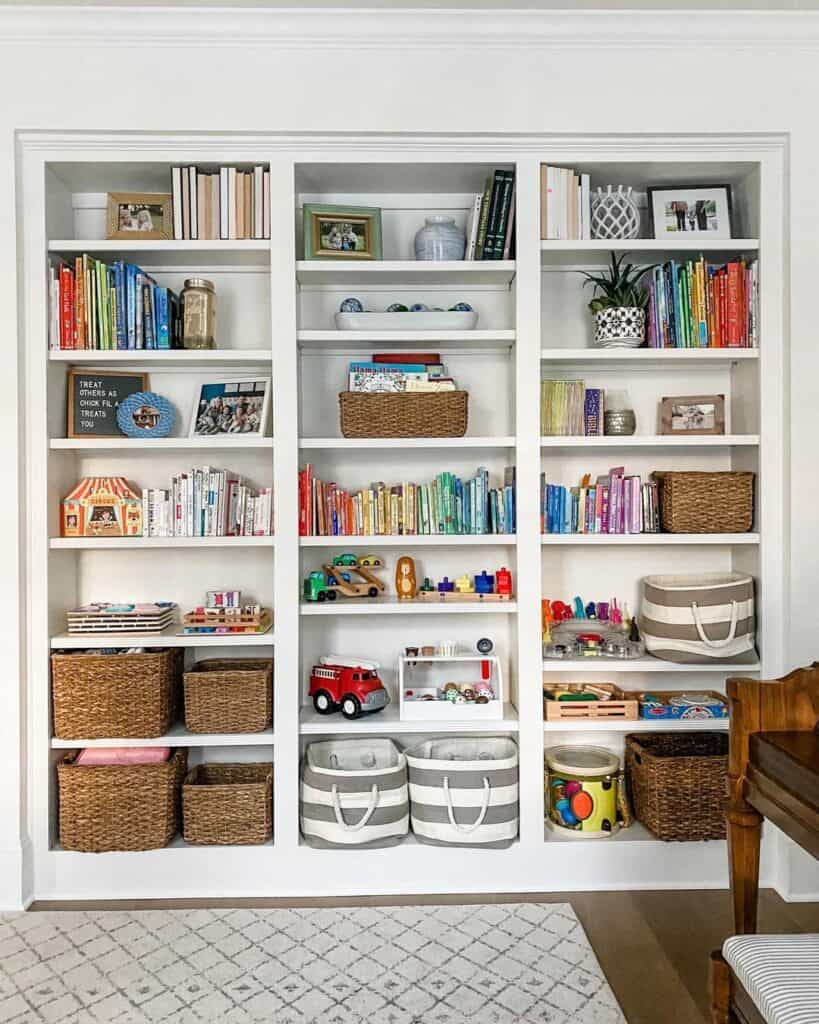 Large White Playroom with Built-In Bookcase Storage