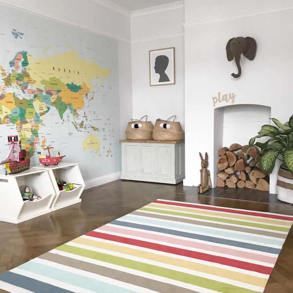 Large World Map and Rainbow Rug Playroom Decor
