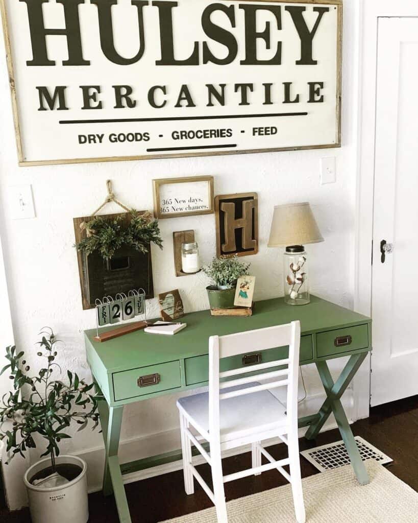 Leaf-Green Office Desk with Vintage Sign