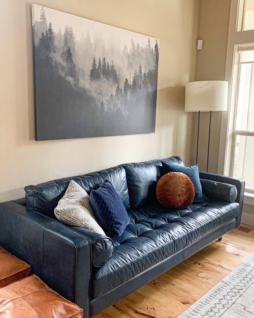 Leather Navy Blue Sofa with Throw Pillows