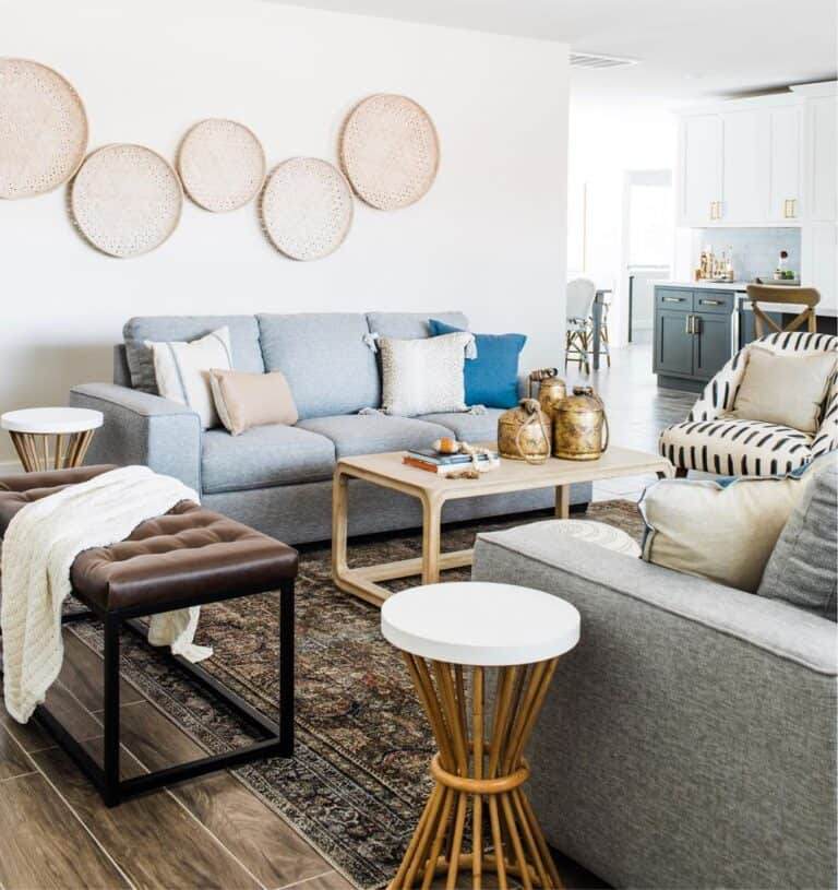 Light Blue Sofa with Wooden Coffee Table