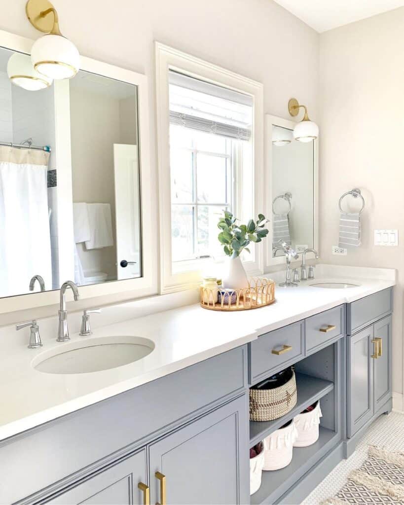 Light Blue Vanity with Brass Hardware