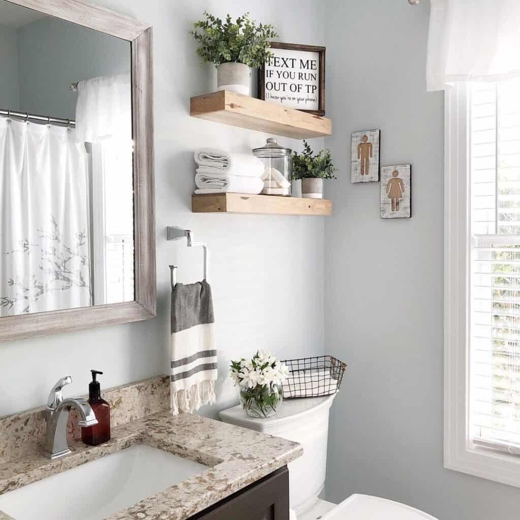 Light Gray Bathroom Walls with Floating Shelves