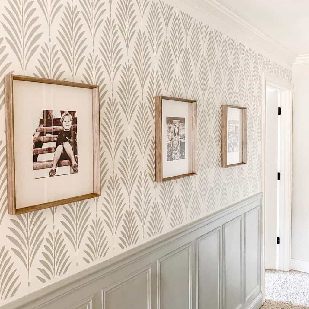 Light Gray Wainscoting and Leaf Patterned Wallpaper