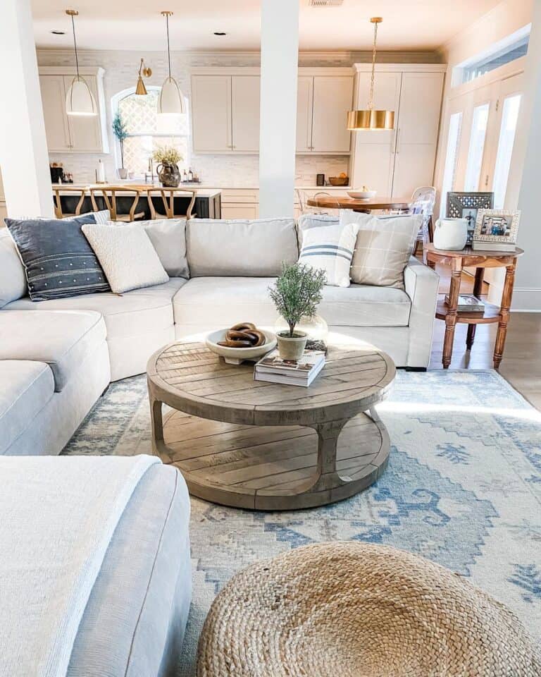 Light Living Room with Round Rustic Coffee Table